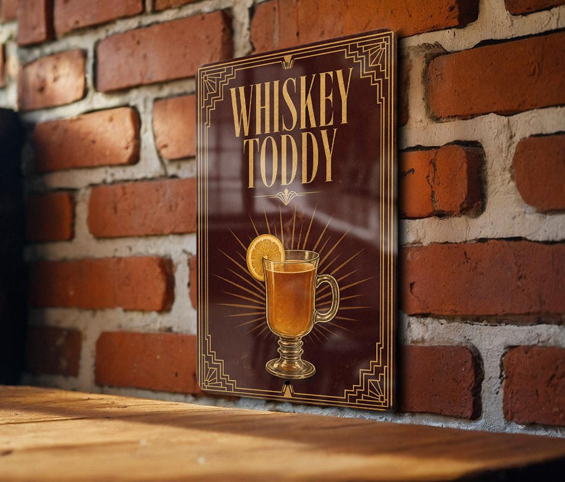 A sign with the text "Whiskey Toddy" and an illustration of a glass of whiskey with a slice of lemon.