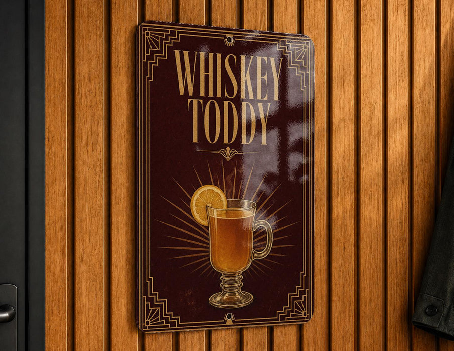A sign that reads "Whiskey Toddy" with an illustration of a glass of whiskey and a slice of lemon.