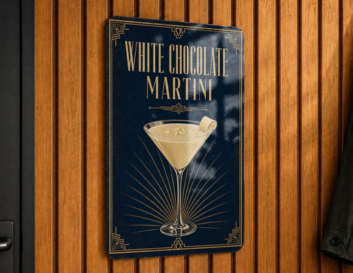 A sign for a white chocolate martini is displayed on a wooden wall.