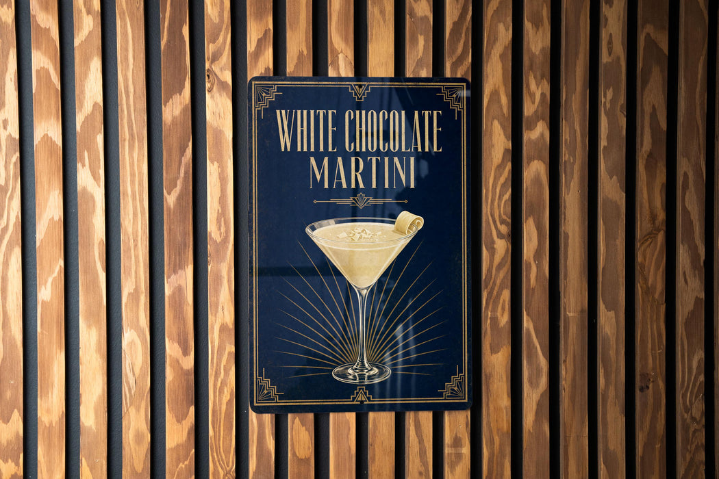 A sign for a white chocolate martini is displayed on a wooden wall.