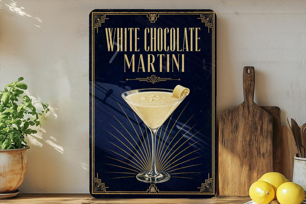 A framed poster advertising a "White Chocolate Martini" is displayed on a wall, with a glass martini and lemon on the poster.