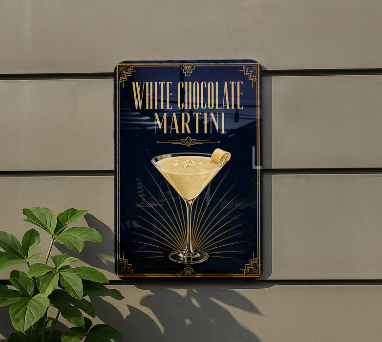 A sign for a white chocolate martini is displayed on a wall, with a plant visible to the left.