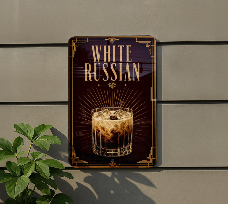 a sign with the text "WHITE RUSSIAN" and an illustration of a glass containing a beverage, likely a cocktail or mixed drink.
