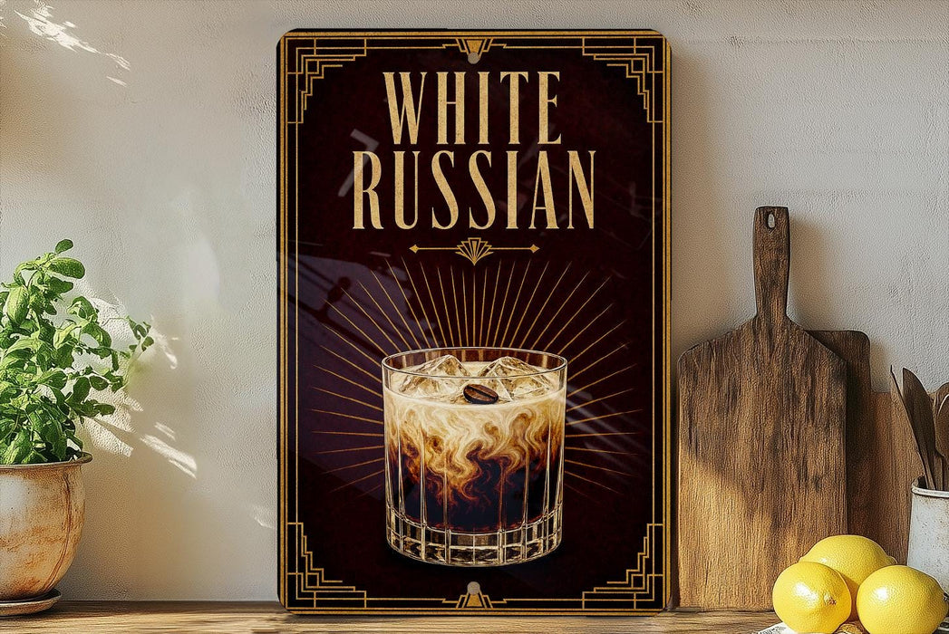 A framed advertisement for "White Russian" on a wall, featuring an illustration of a glass of the cocktail.
