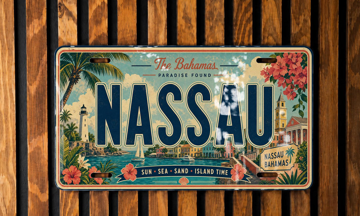 A vintage-style license plate with the text "The Bahamas" and "NASSAU" prominently displayed, along with various tropical elements such as palm trees, flowers, and a beach scene.