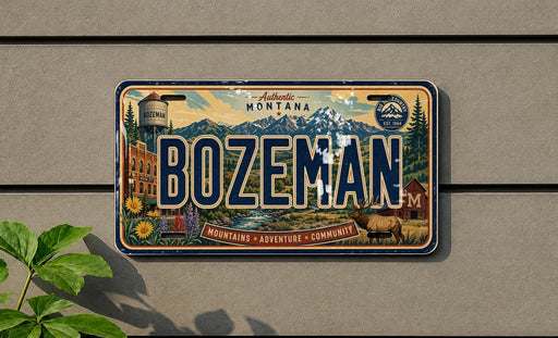 A vintage Montana license plate with the word "BOZEMAN" prominently displayed, featuring various Montana-themed illustrations such as a water tower, mountains, and a moose.