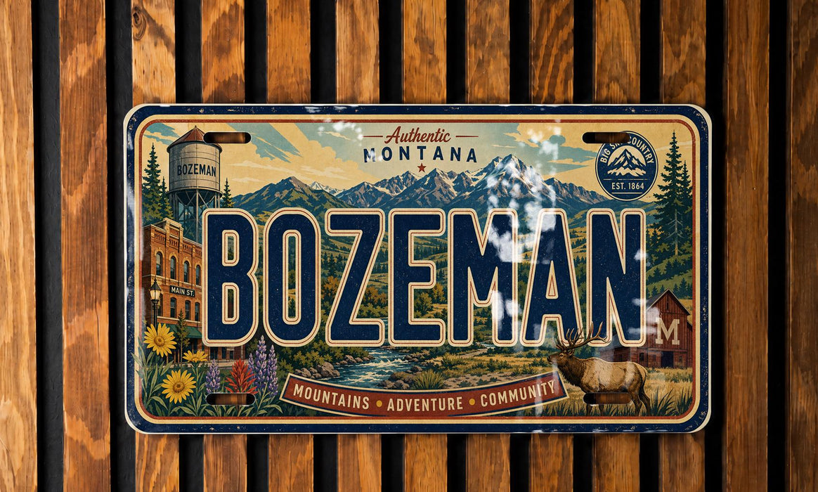 A vintage Montana license plate with a mountain landscape and various landmarks, including a water tower, buildings, and a moose.