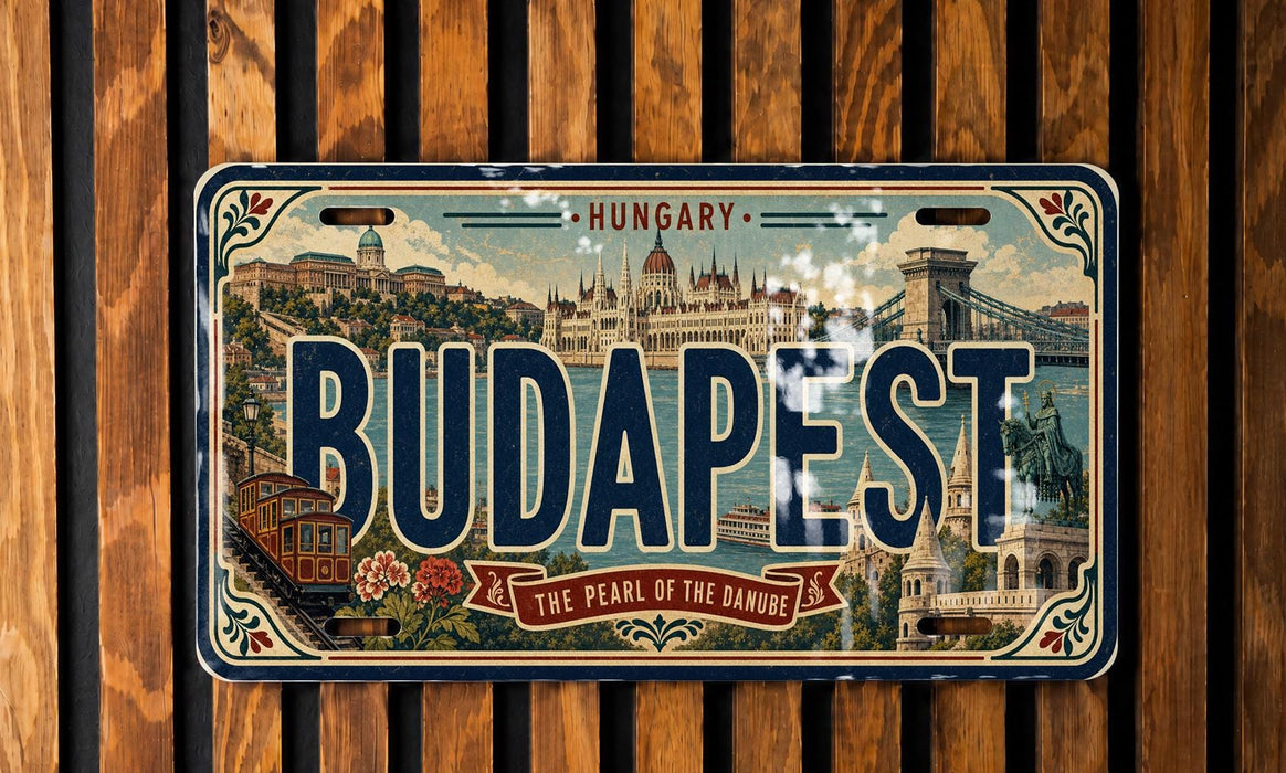 A vintage-style license plate from Hungary with the word "BUDAPEST" prominently displayed, featuring an illustration of the city of Budapest.