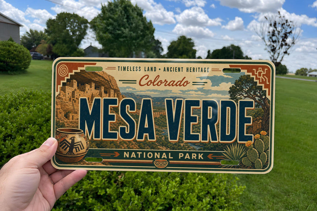 A person is holding a license plate that reads "MESA VERDE" with a scenic background depicting a desert landscape.