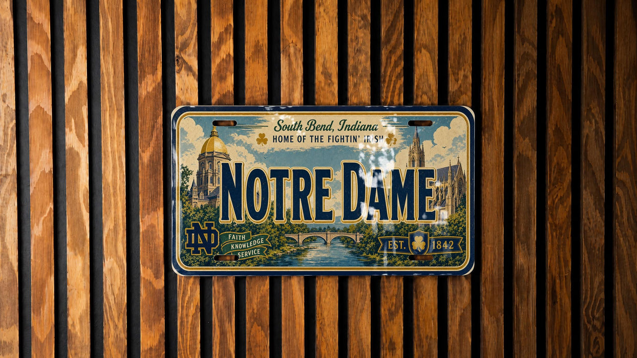 A license plate with the text "Notre Dame" and the Notre Dame Fighting Irish logo, which is the home of the Notre Dame Fighting Irish.