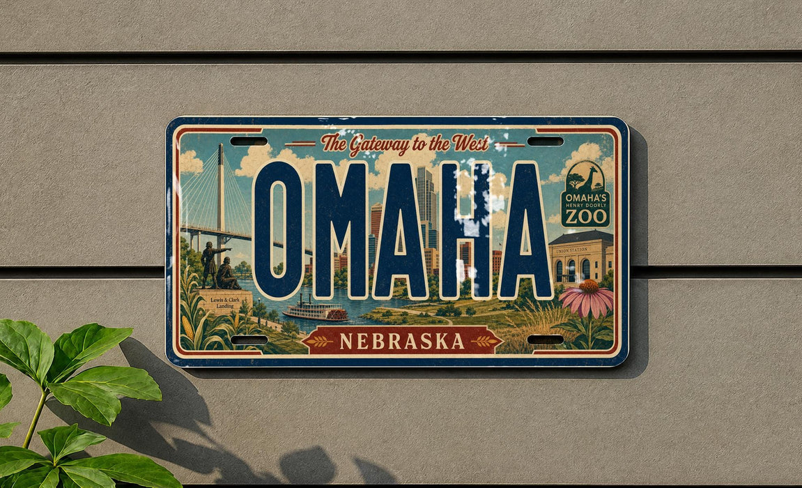 A vintage license plate from Nebraska, featuring the state's name and a graphic of a zoo.