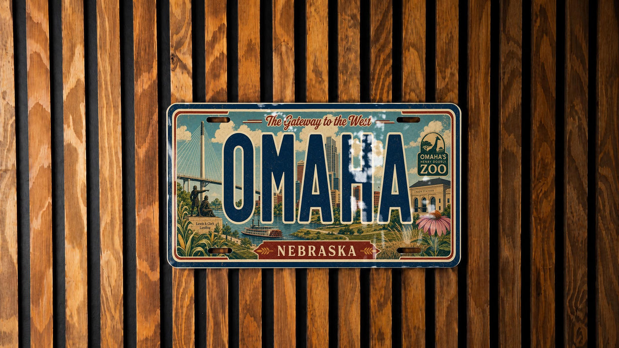 A vintage license plate from Nebraska, with the text "OMAHA NEBRASKA" prominently displayed.