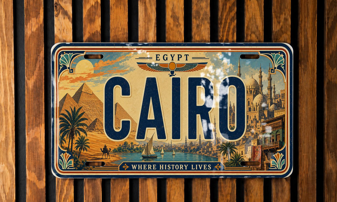 A vintage license plate with the word "CAIRO" prominently displayed, featuring an illustration of a cityscape with landmarks such as the pyramids of Giza and the sphinx.