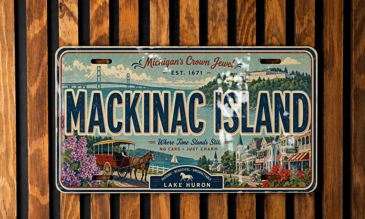 A vintage license plate from Michigan's Mackinac Island, featuring an illustration of the island's landmarks and a horse-drawn carriage.
