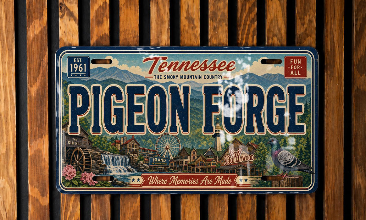 A vintage-style license plate for Tennessee, featuring the name "Pigeon Forge" and the location "The Smoky Mountain Country".