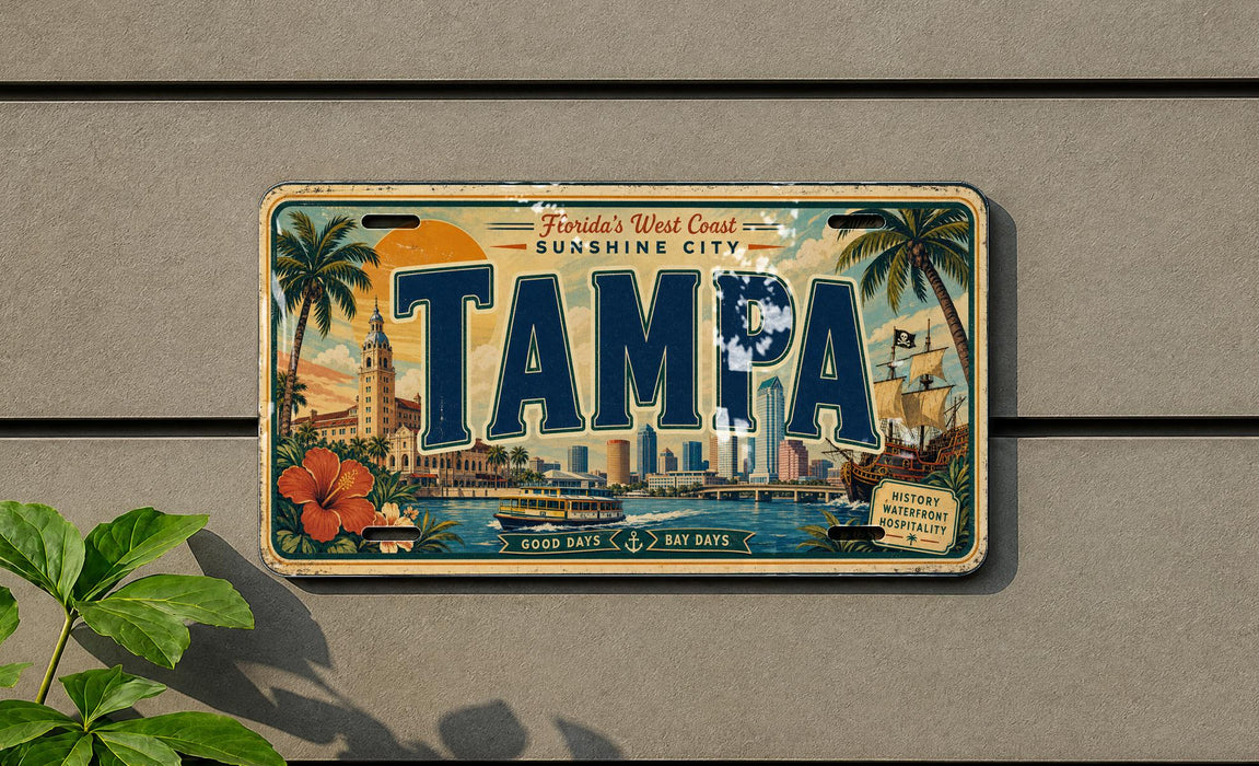 A vintage license plate from Florida's West Coast, featuring a tropical cityscape with palm trees, a sunset, and a boat on the water.