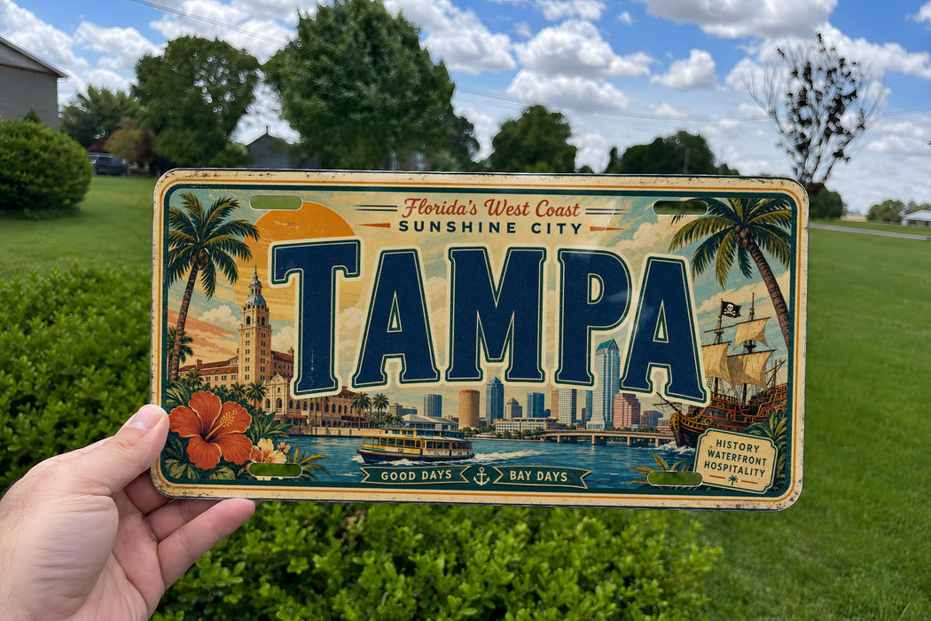 A person is holding a license plate with the word "Tampa" on it, which is a sunny city in Florida.