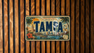 A vintage license plate from Florida's West Coast, specifically Tampa, with a tropical cityscape and palm trees on it, mounted on a wooden wall.