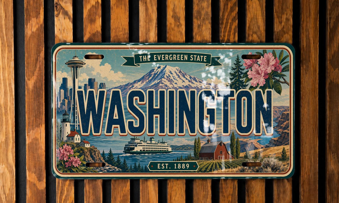 A vintage Washington state license plate with a scenic mountain landscape and a ferry boat in the background.