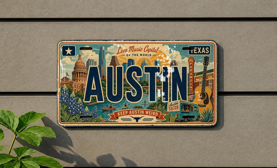 A vintage license plate with the word "AUSTIN" prominently displayed, featuring various cityscape elements and a humorous message about keeping Austin weird.