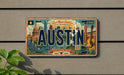 A vintage license plate with the word "AUSTIN" prominently displayed, featuring various cityscape elements and a humorous message about keeping Austin weird.