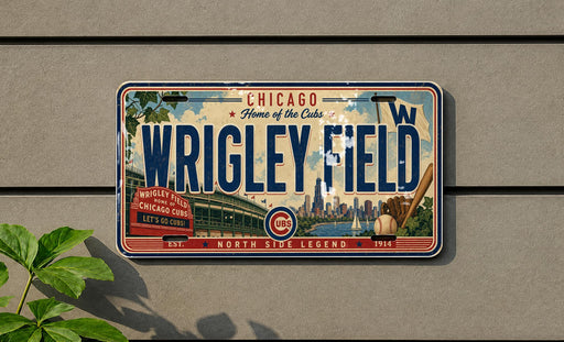 A vintage Chicago Cubs baseball plate with the text "Chicago Home of the Cubs" and "WRIGLEY FIELD" printed on it, along with an illustration of the baseball field and a baseball bat.