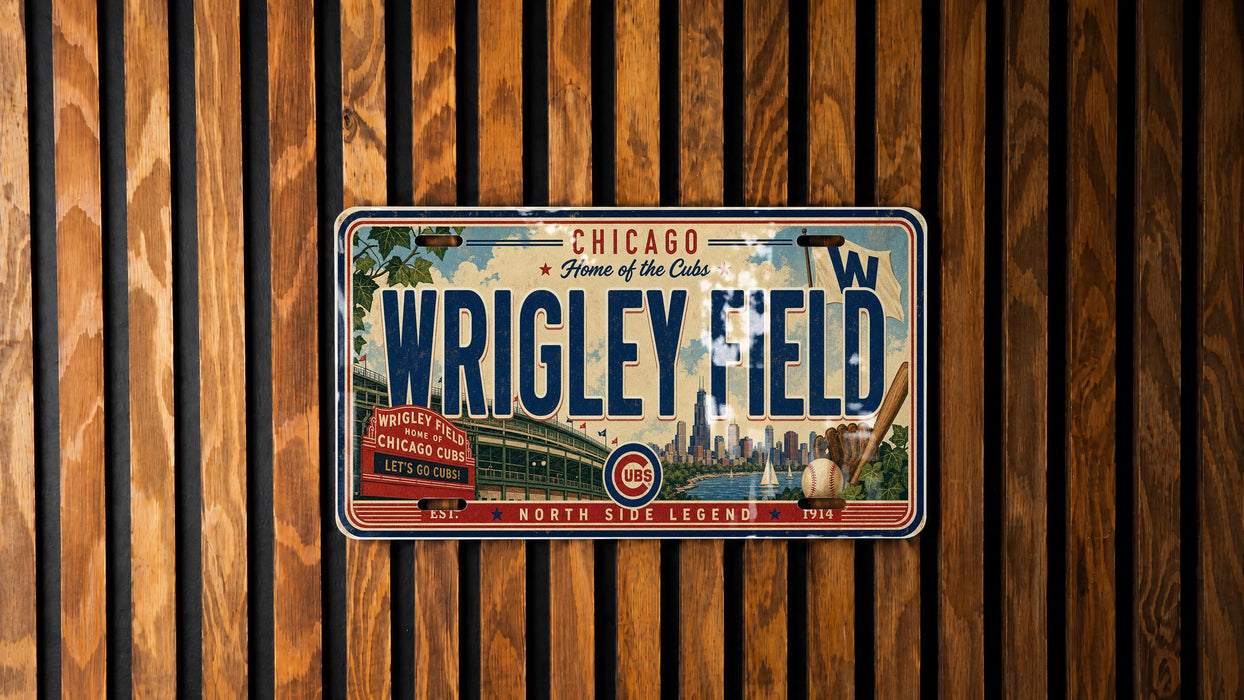A vintage Chicago Cubs baseball plate with the text "Chicago Home of the Cubs" and "Wrigley Field" printed on it, mounted on a wooden wall.