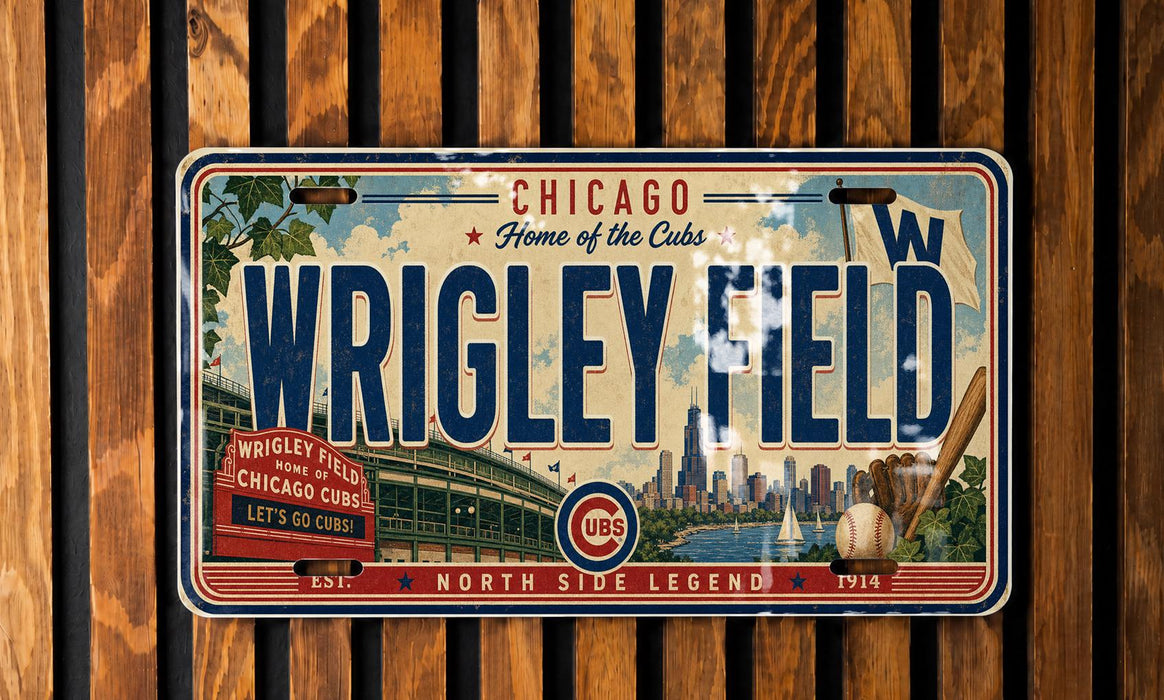 A vintage Chicago Cubs baseball plate with the text "Chicago Home of the Cubs" and "WRIGLEY FIELD" prominently displayed.