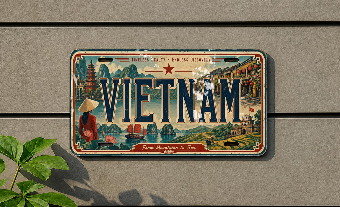 a vintage license plate from Vietnam with a scenic illustration of the country's landscape and culture.