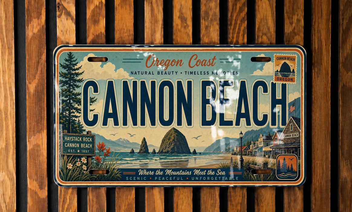 The image is a license plate from Oregon, featuring the name "Cannon Beach" and a scenic mountain landscape.