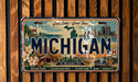 A vintage Michigan license plate with a scenic illustration of the state's landmarks and natural beauty.