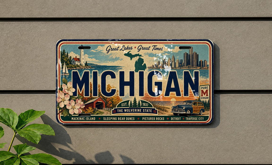A vintage Michigan license plate with a scenic background depicting the state's natural and urban landscapes.