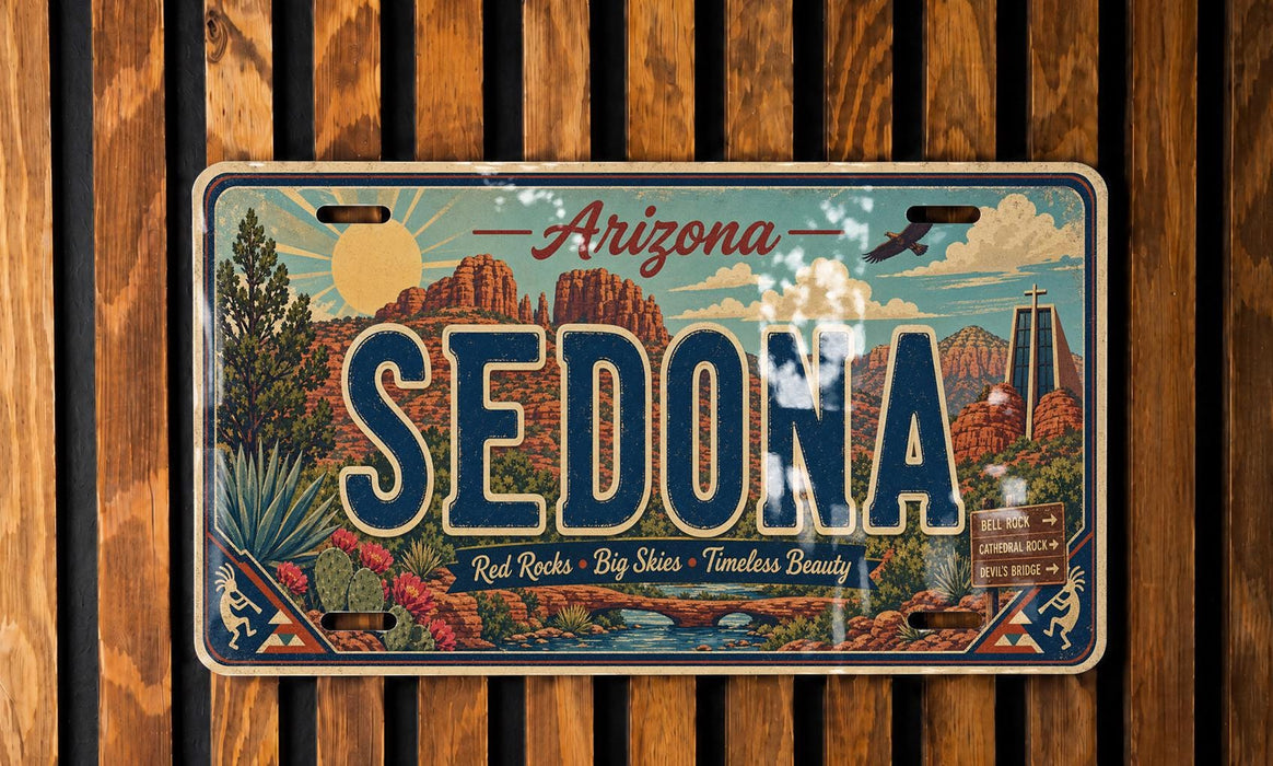 A vintage Arizona license plate with a desert landscape design, featuring the word "SEDONA" prominently displayed.