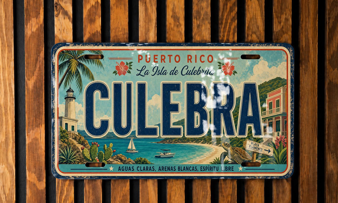 A vintage license plate from Puerto Rico with the name "Culebra" prominently displayed.