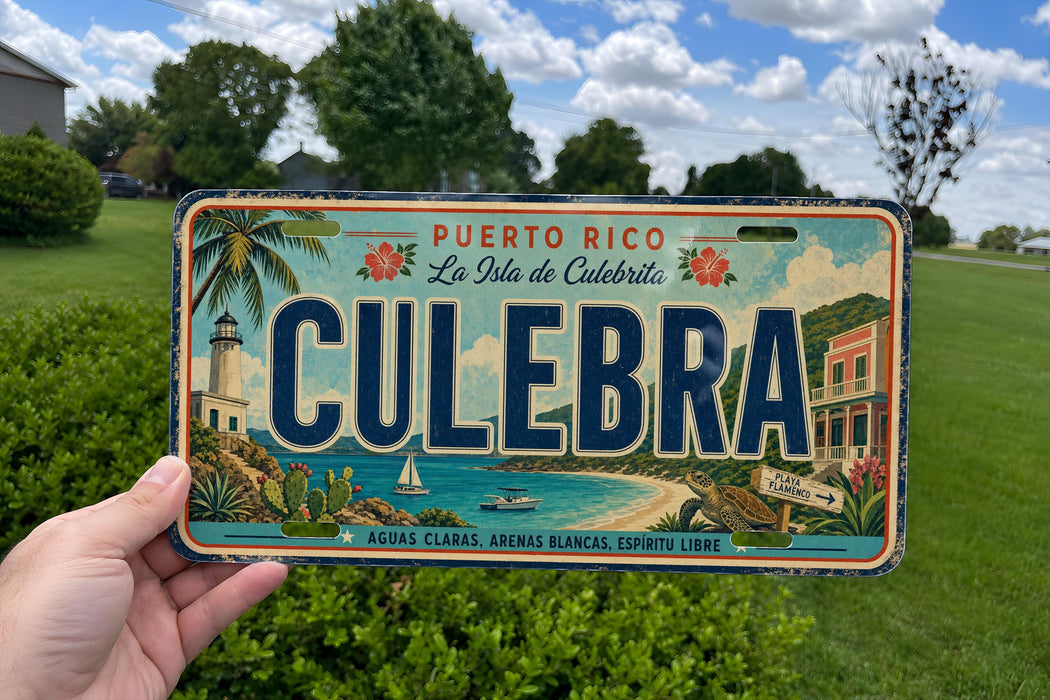 A person is holding a license plate with the word "CULEBRÁ" on it, which is a tropical island in Puerto Rico.