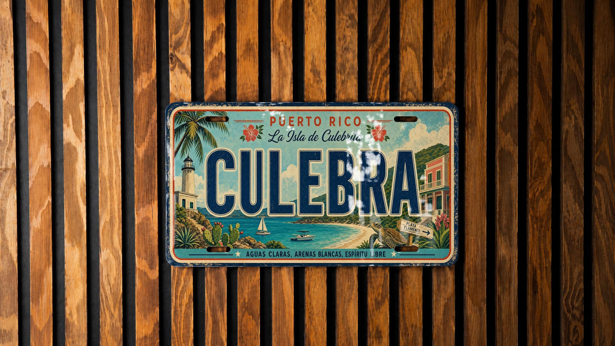 A vintage license plate from Puerto Rico with the word "Culebra" prominently displayed, mounted on a wooden wall.