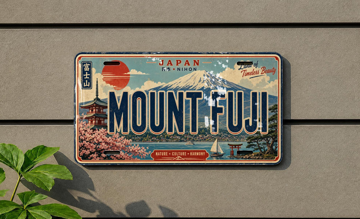 A vintage Japanese license plate with the text "MOUNT FUJI" prominently displayed, along with various scenic elements such as a temple, cherry blossom trees, and a mountain.