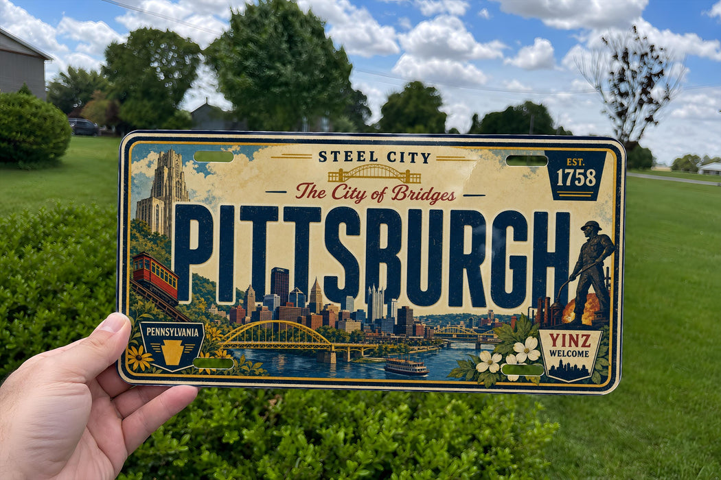 A person is holding a vintage Pittsburgh license plate with a cityscape illustration on it.