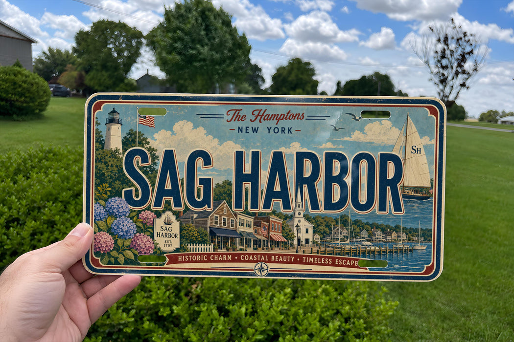 A person is holding a license plate that says "Sag Harbor" in front of a scenic background featuring a lighthouse, a sailboat, and a town.