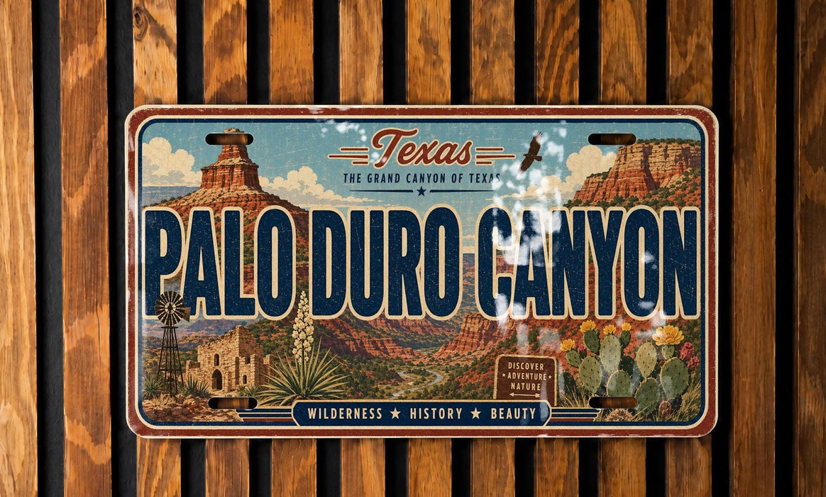 A vintage license plate from Texas, featuring the name "Palo Duro Canyon" and the state's grand canyon of texas.