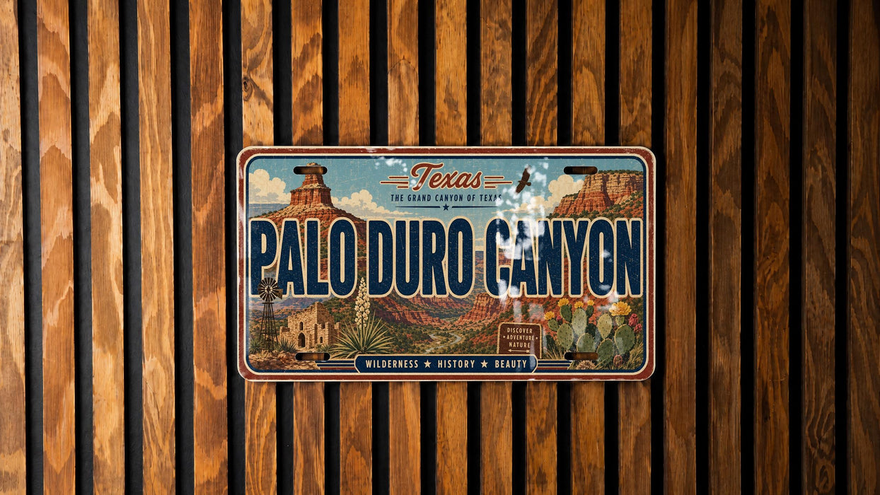 A vintage license plate from Texas, featuring the name "Palo Duro Canyon" and the state's location.