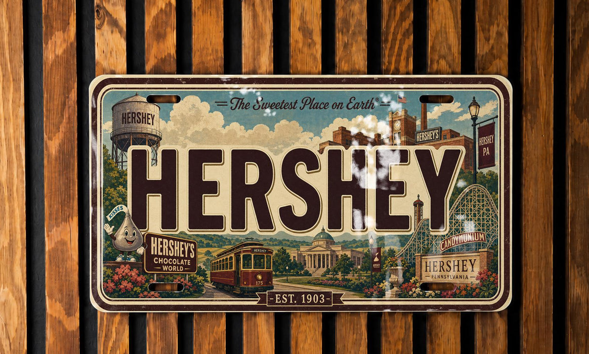 A vintage license plate featuring the iconic Hershey chocolate company logo and various landmarks associated with Hershey, Pennsylvania.