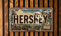 A vintage license plate featuring the iconic Hershey chocolate company logo and various landmarks associated with Hershey, Pennsylvania.