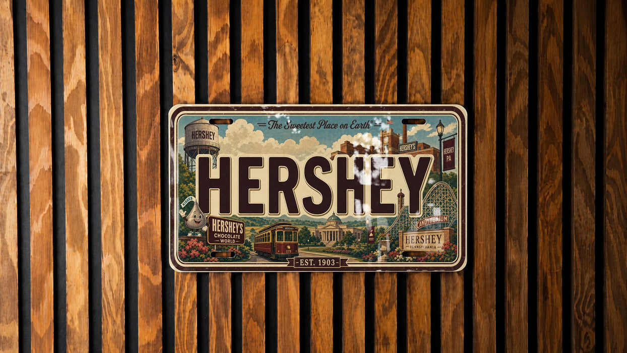 A vintage-style license plate with the word "HERSHEY" prominently displayed, mounted on a wooden wall.