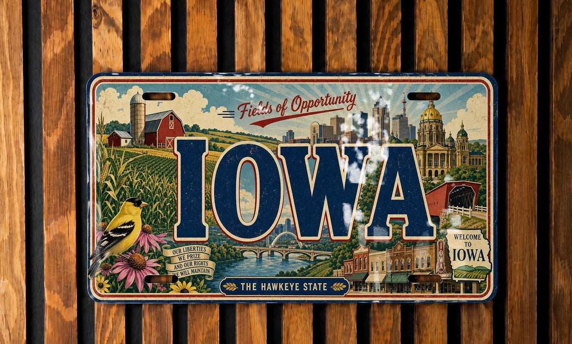 A vintage Iowa license plate with a colorful illustration of the state's landmarks and scenery.