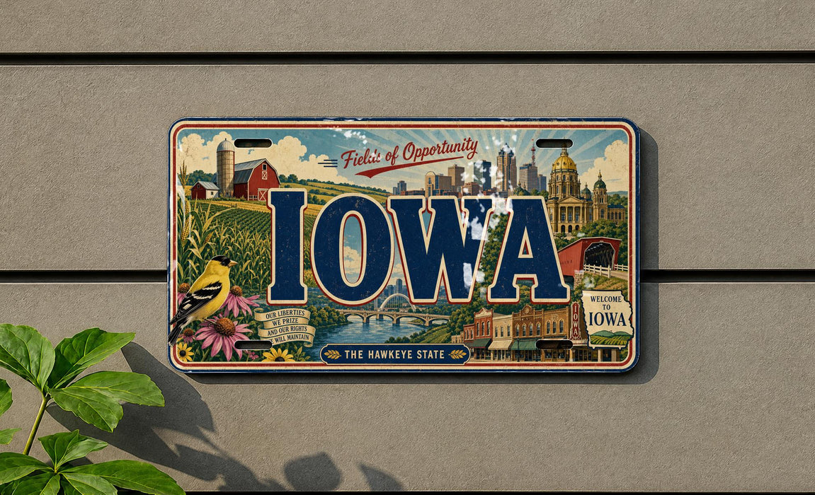 A vintage Iowa license plate with a colorful illustration of the state's landmarks and scenery.