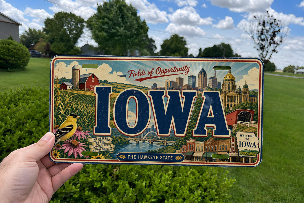 A person is holding a license plate with the word "IOWA" prominently displayed, featuring various scenes and landmarks associated with the state of Iowa.
