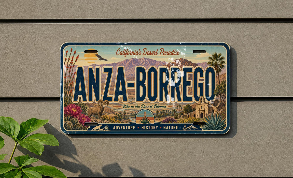 A license plate with the text "ANZA-BORREGO" and "California's Desert Paradise" printed on it, along with illustrations of desert landscapes and landmarks.