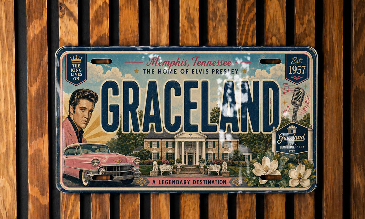 A vintage license plate from Memphis, Tennessee, featuring an illustration of Elvis Presley and the words "Graceland" and "A LEGENDARY DESTINATION".