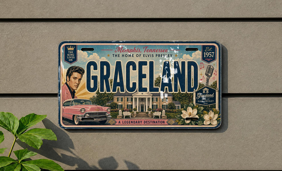 A vintage license plate from Memphis, Tennessee, featuring the iconic image of Elvis Presley and the words "Graceland" along with the year 1957.